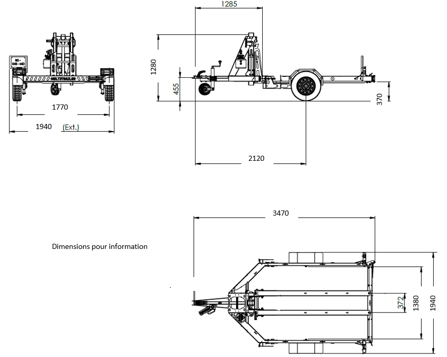 MultiTrailer S : encombrement et dimensions, en mm (pour information)